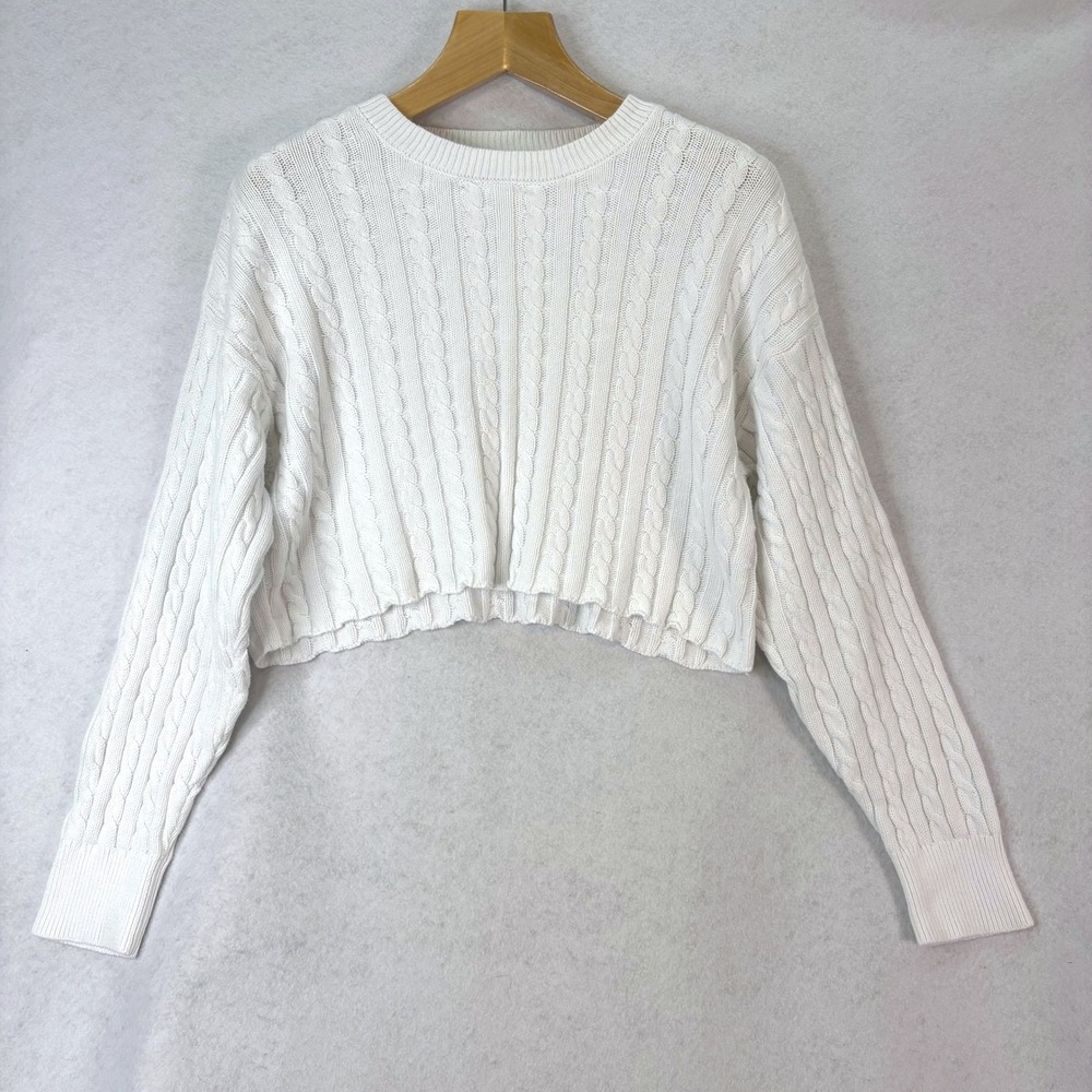 Aerie Cable Knit Cropped White Sweater Women XL Preppy Coastal Clean Girl Soft